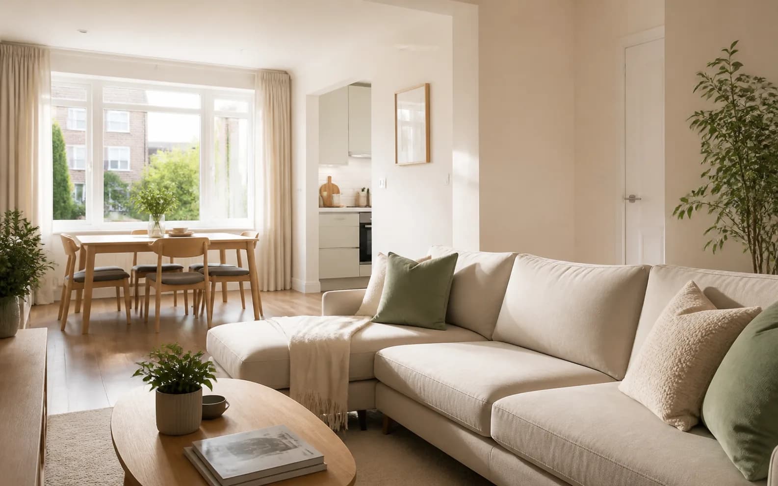 Bright modern rental home interior with natural light and neutral furnishings