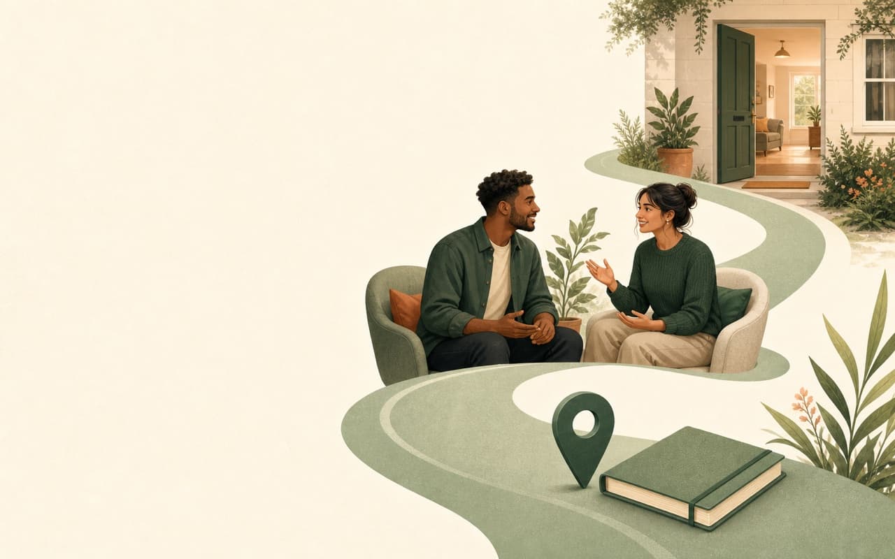 Two renters discussing their move beside a welcoming rental home